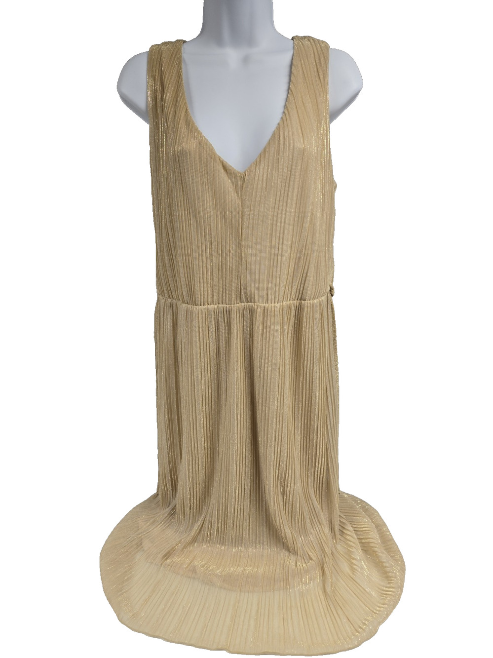 Worthington Womens Dress Gold Glitter Pleated V Neck Sleeveless Size L New